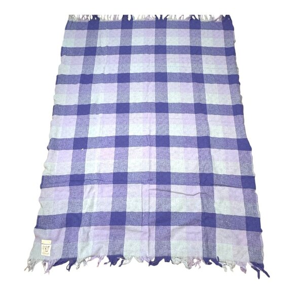 Faribo Lumenaire Plaid Blue Bluewood Periwinkle Sky Wool Throw Blanket Fringed - Picture 2 of 4